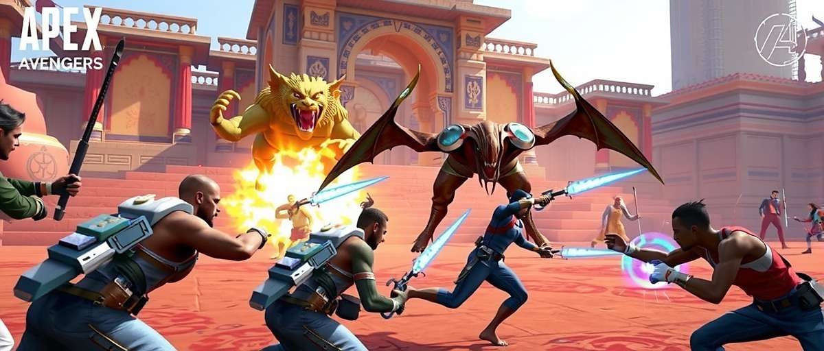 Apex Avengers Battle Gameplay Apex Avengers gameplay screenshot showing team of heroes in battle against mythological creatures in an Indian temple setting