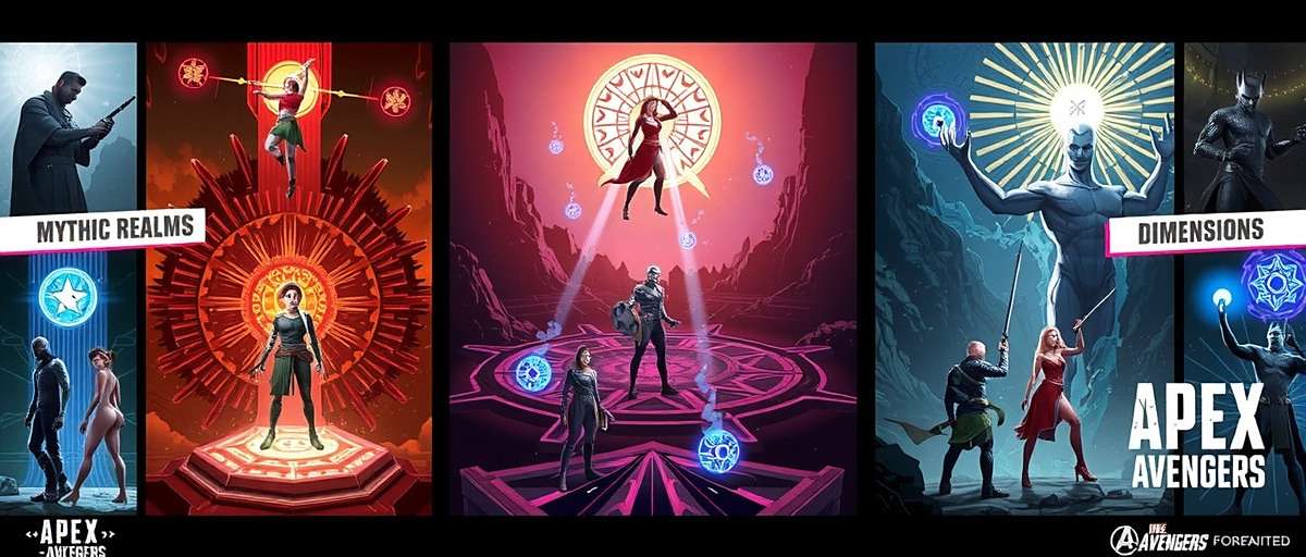 Apex Avengers Mythic Realms Concept art for Apex Avengers' upcoming Mythic Realms mode showing different dimensions based on Indian mythology