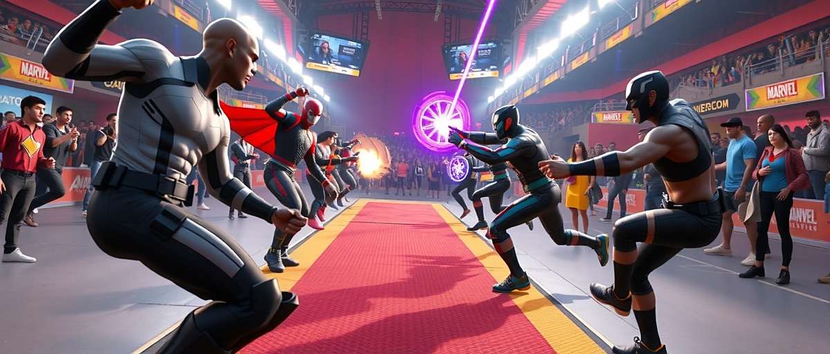 Apex Avengers Multiplayer Battle Apex Avengers multiplayer battle showing teams of Indian superheroes fighting in a stadium filled with spectators