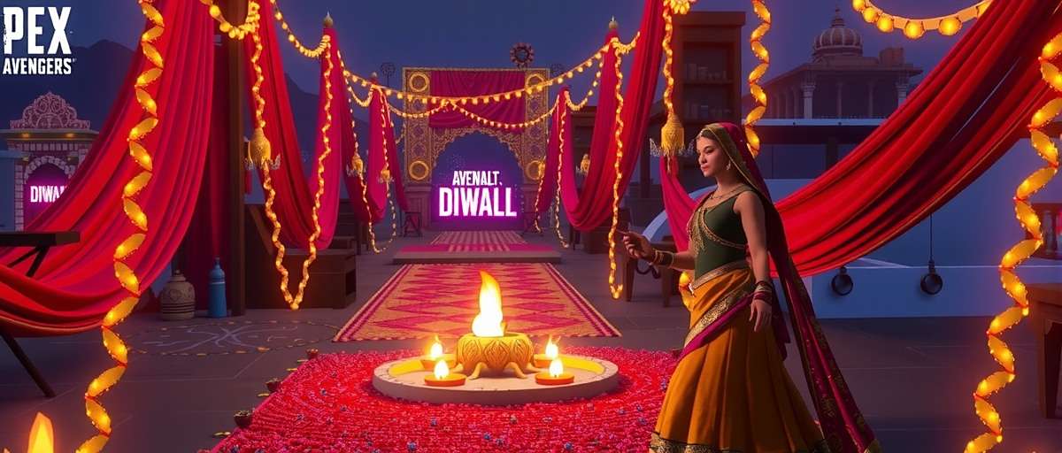 Apex Avengers Diwali Celebration Apex Avengers Diwali event showing game environment decorated with lights, rangoli, and characters in traditional Diwali attire