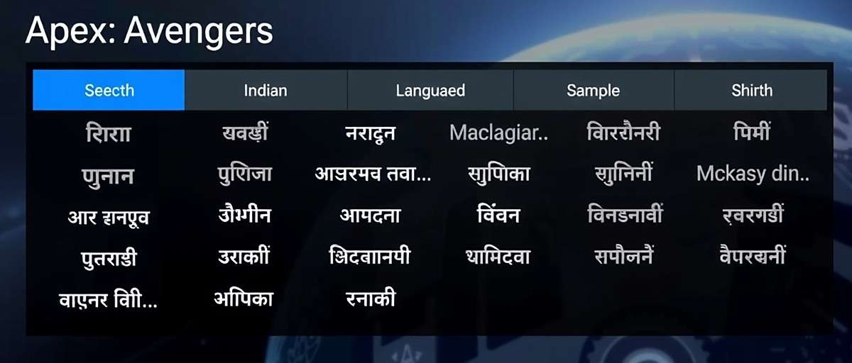 Apex Avengers Language Support Apex Avengers language selection screen showing 15 Indian language options with regional script samples