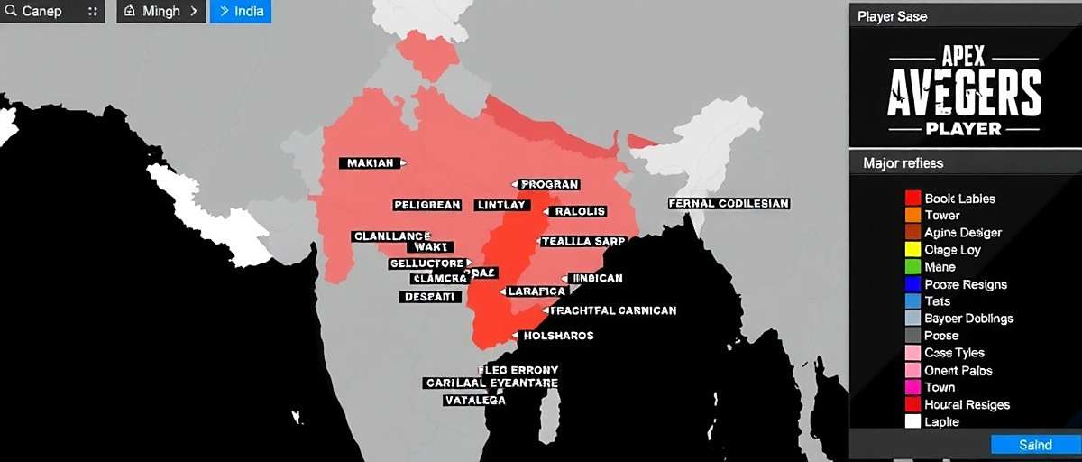 Apex Avengers Player Distribution in India Apex Avengers player base map showing distribution across India with highest concentration in major cities and towns