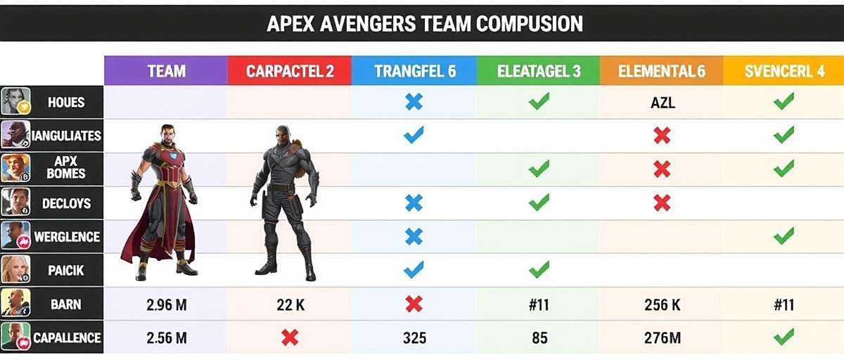 Apex Avengers Team Building Strategy Apex Avengers team composition guide showing optimal character combinations based on elemental strengths